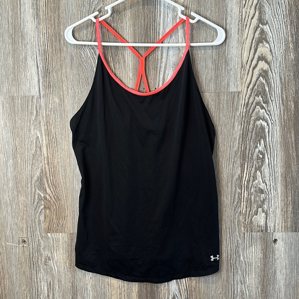 Under Armour black and neon pink racer back tank, L